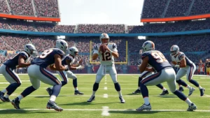 Professional football quarterback in 12 personnel formation with two tight ends aligned, receivers spread wide, mid-field action shot during game, dynamic athletic positioning, daylight stadium setting, realistic NFL uniform