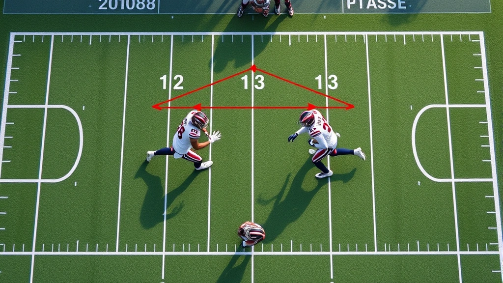 Overhead tactical diagram visualization showing two tight ends executing blocking assignments, running back receiving handoff, offensive line driving forward into defensive front, power running scheme execution, photorealistic field perspective