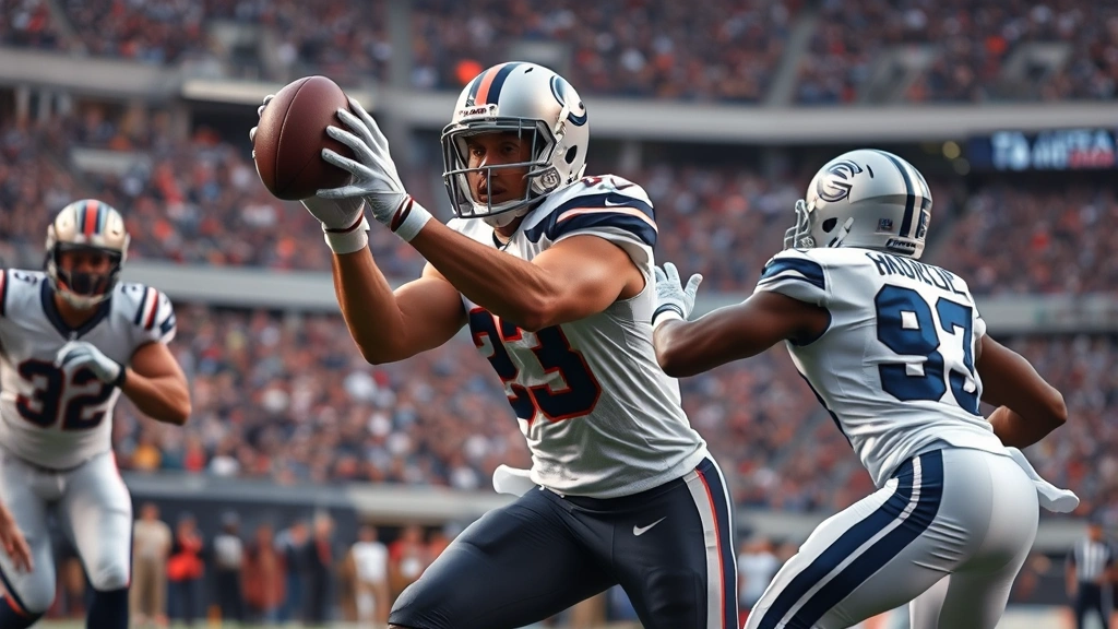 Close-up of tight end releasing vertically from line of scrimmage into pass route against defensive back coverage, athletic separation movement, receiving motion captured mid-play, professional stadium environment, realistic game action