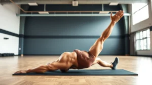 Muscular athlete performing dead bug exercise on gymnasium mat with perfect form, neutral spine alignment, arms extended toward ceiling, core engaged, professional fitness setting