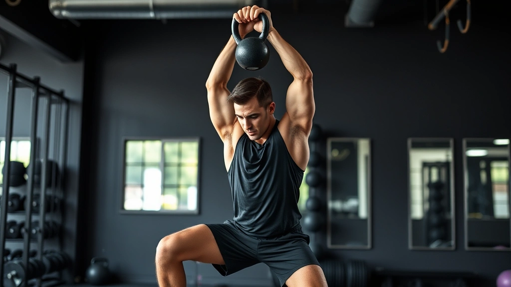 Fit athlete executing Turkish get-up with kettlebell held overhead, transitioning through movement positions, demonstrating integrated core strength and body control during complex athletic exercise