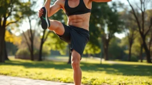 Athletic male performing dynamic leg swings outdoors in athletic wear, muscles engaged, morning sunlight, natural park setting, demonstrating pre-workout mobility preparation