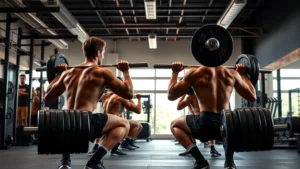 Muscular college football players performing heavy barbell back squats in a modern strength and conditioning facility, intense focus and perfect form, natural gym lighting