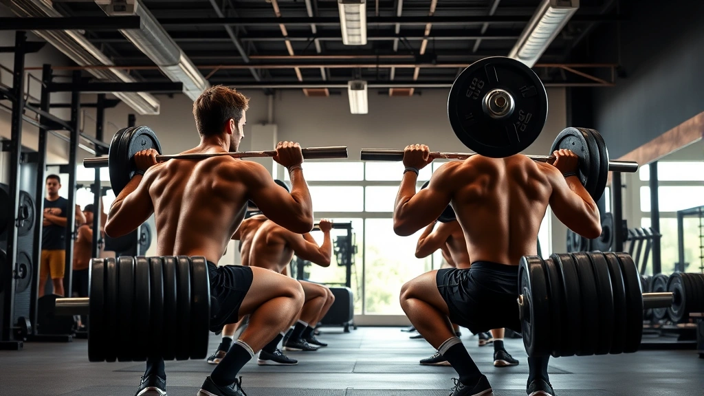 Muscular college football players performing heavy barbell back squats in a modern strength and conditioning facility, intense focus and perfect form, natural gym lighting