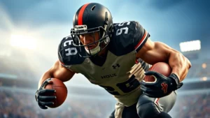 Muscular football linebacker in mid-tackle, explosive power and intensity, stadium lighting, sweat visible, dynamic action pose, professional athletic physique