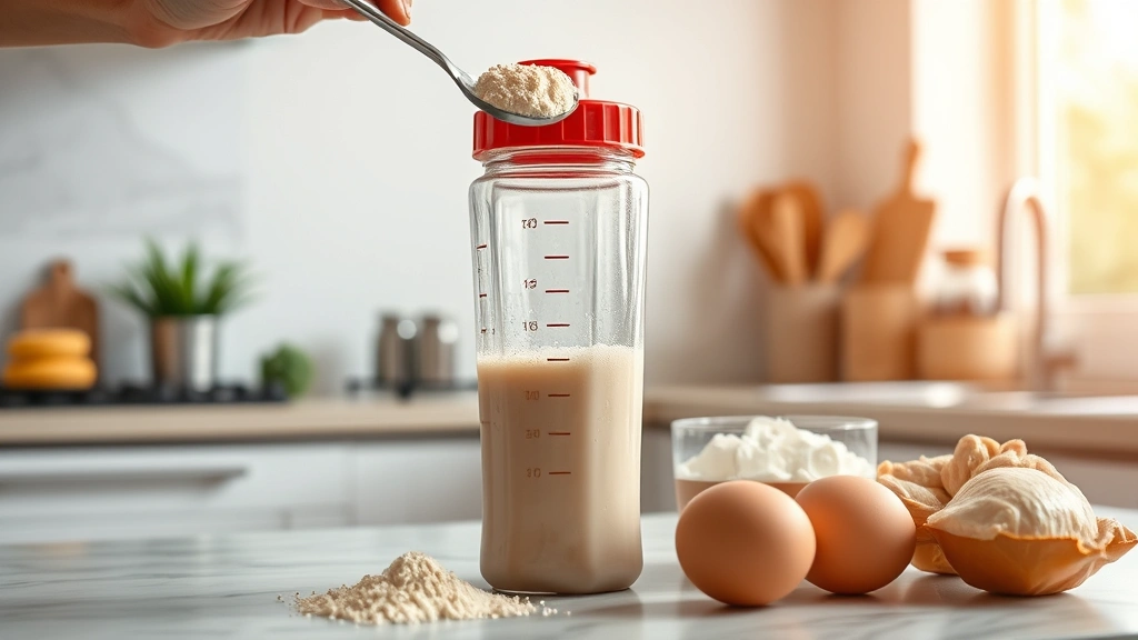 Protein shake preparation in modern kitchen, scoop of powder going into shaker bottle, fresh ingredients visible (eggs, chicken nearby), morning recovery ritual, bright natural lighting