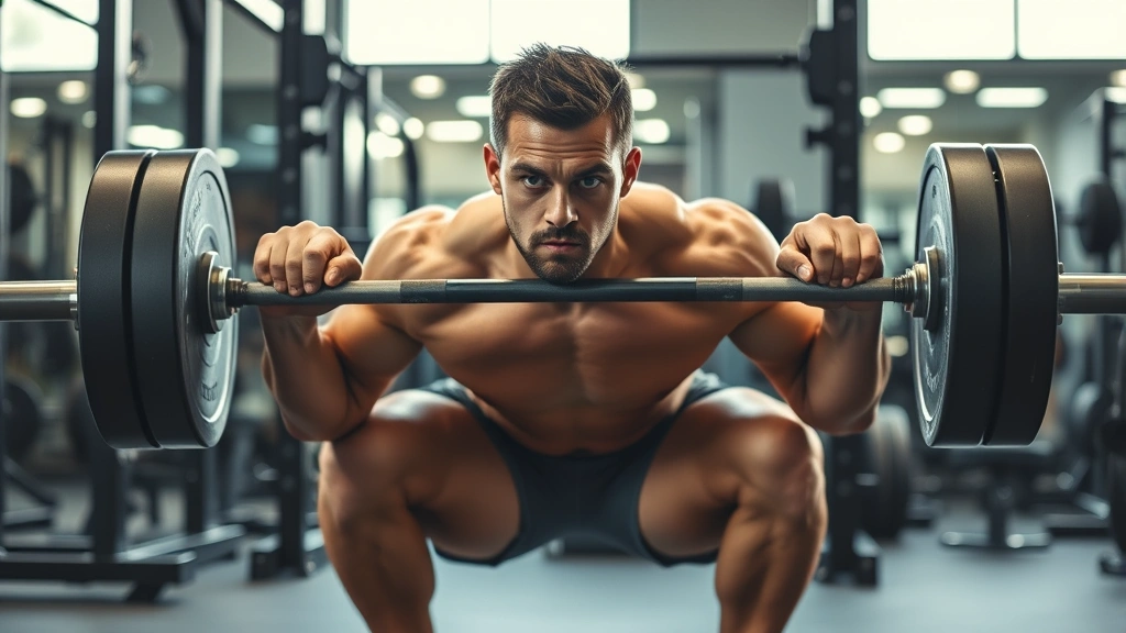 Male athlete performing intense barbell squat in professional gym, explosive power output, determination on face, proper form demonstration, iron weights, athletic performance focus