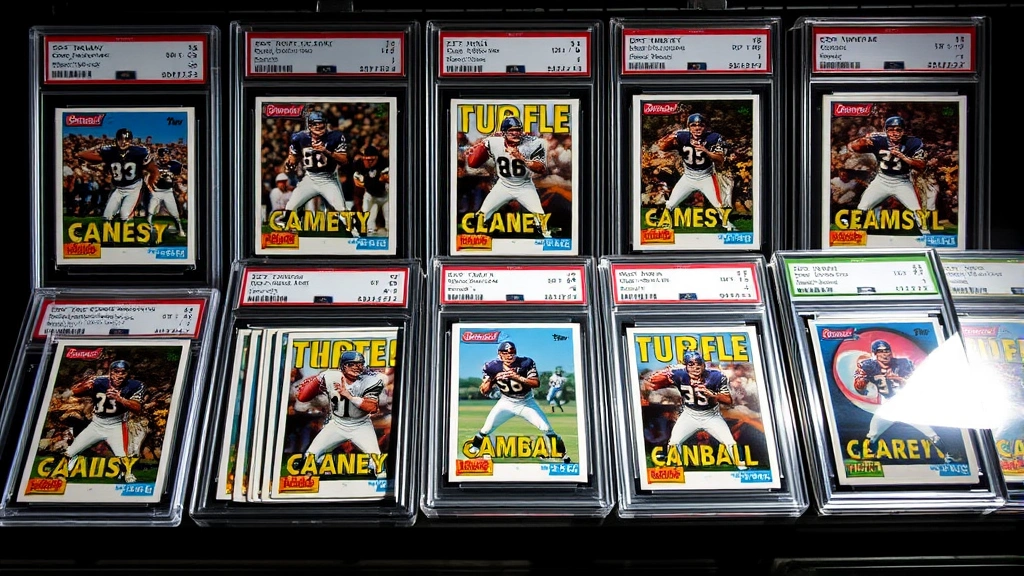 Professional sports card collection display featuring pristine graded Donruss football cards arranged in protective sleeves and display cases, dramatic lighting highlighting card details and parallel variations, close-up photography showing card quality and centering