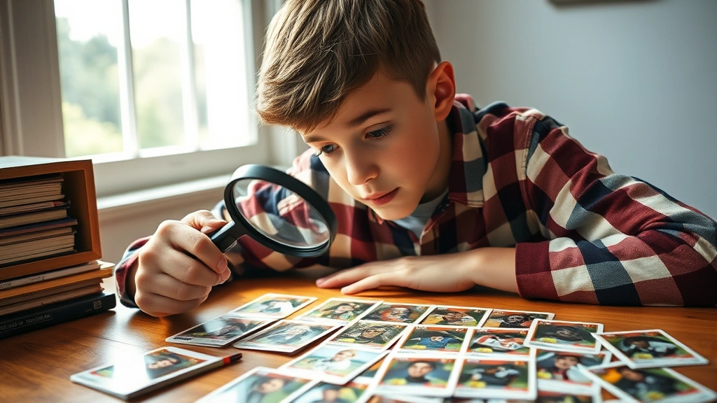 Young collector carefully examining Donruss football cards with magnifying glass, studying rookie cards spread across wooden table, natural lighting from window, focused expression showing analytical card evaluation process