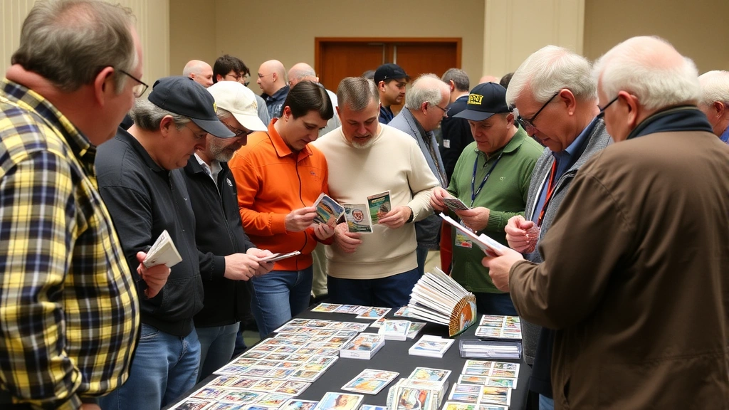 Diverse group of sports card collectors at trading event examining and discussing Donruss football cards, standing around table with cards displayed, authentic trading community atmosphere, excited engagement with merchandise