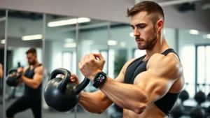 Athlete performing dynamic kettlebell exercise in modern gym with mirrors, wearing fitness tracker, focused expression showing functional movement and biometric monitoring technology integration
