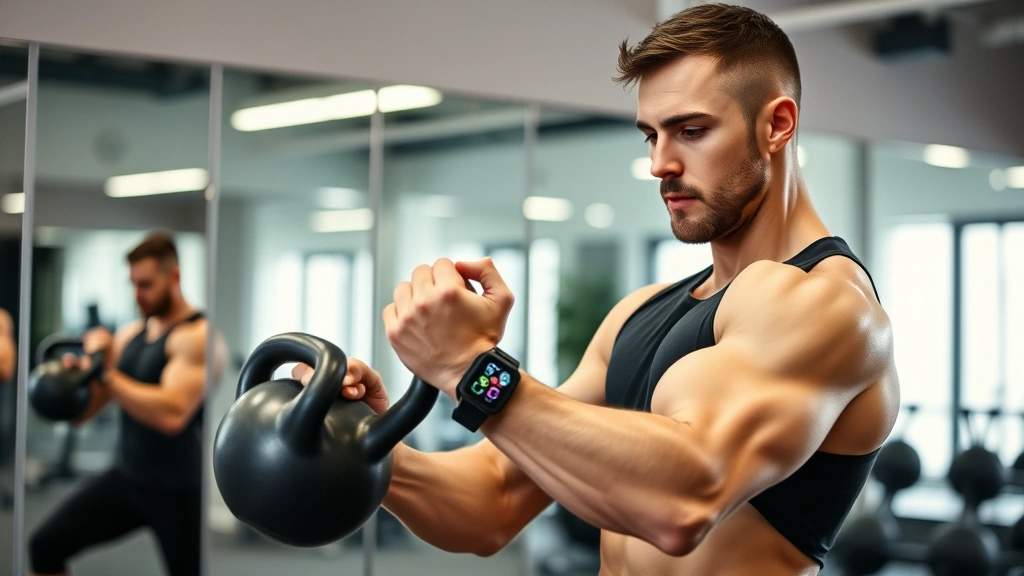 Athlete performing dynamic kettlebell exercise in modern gym with mirrors, wearing fitness tracker, focused expression showing functional movement and biometric monitoring technology integration