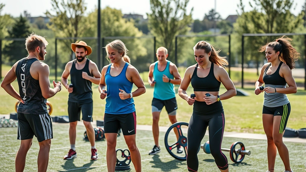 Diverse group of athletes training together outdoors with sports equipment, showing community-based fitness, social accountability, and team motivation during high-intensity functional training session