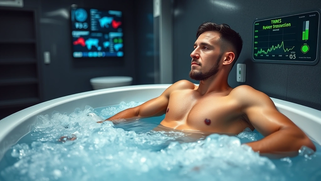 Professional athlete recovering with ice bath, wearing advanced biometric sensors, in modern recovery facility with monitoring displays visible, emphasizing recovery psychology and longevity-focused training approach