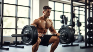 Professional athlete performing compound barbell squat with perfect form in modern gym, intense focus, athletic physique, natural lighting through windows