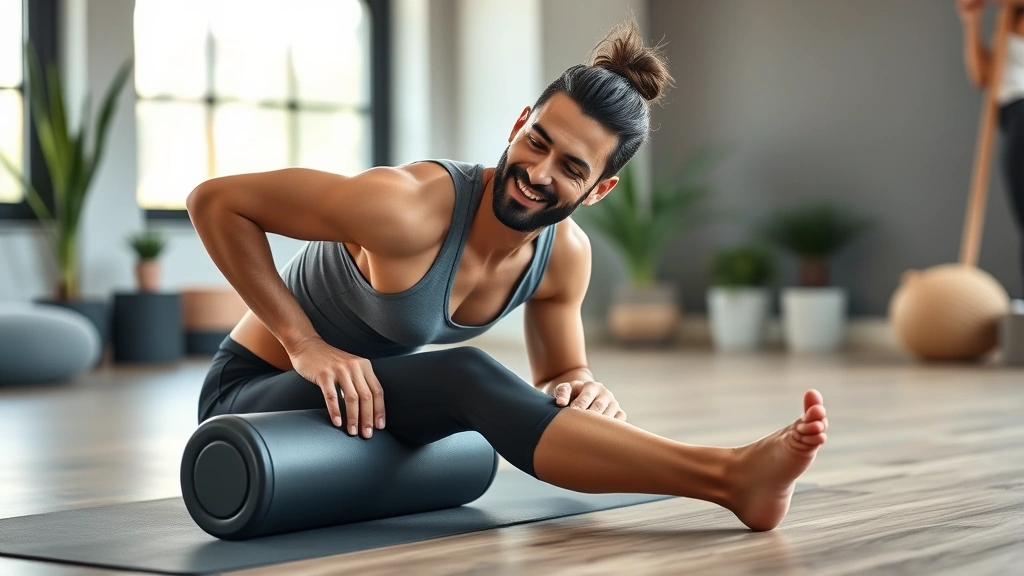Recovery-focused fitness scene: athlete using foam roller on leg muscles, peaceful expression, modern home gym setting, natural morning light, wellness atmosphere