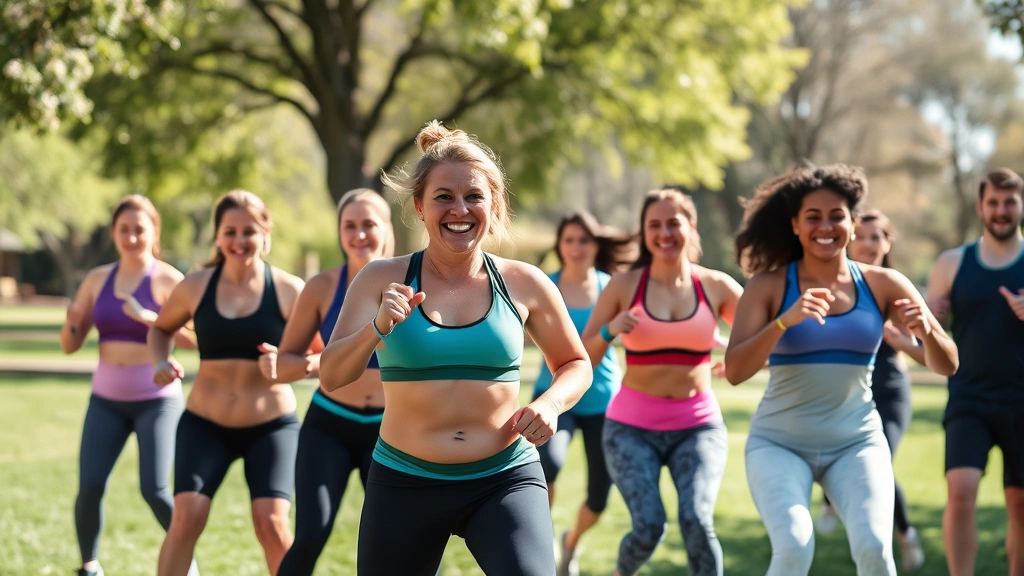 Diverse fitness community group training outdoors, varied body types and fitness levels, smiling faces, team energy, functional movement exercises, sunny park setting