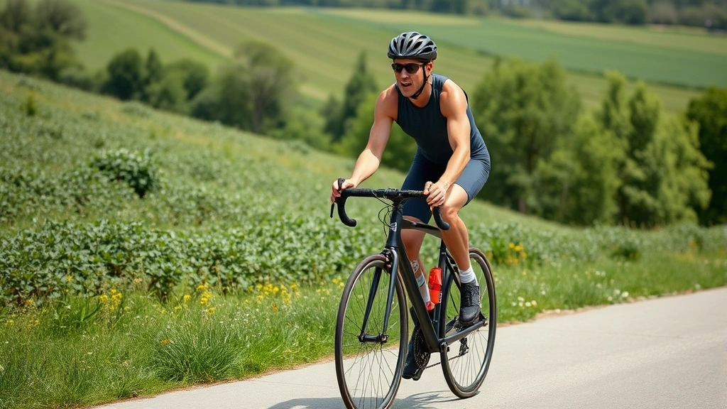 Fit cyclist riding outdoors on paved path through green landscape, intense effort expression, natural daylight, motion captured from side angle, clean environmental background
