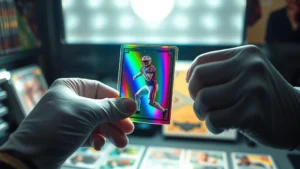 Professional sports card collector examining a holographic football card under bright lighting, close-up of prismatic refractor effects creating rainbow colors, hands wearing cotton gloves, modern sports card storage setup with protective sleeves visible in background
