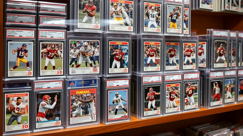 Organized collection display of graded football cards in protective slabs on wooden shelving, multiple PSA graded cards with 10 ratings visible, professional lighting highlighting card details and refractor patterns, climate-controlled display environment