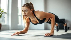 Athletic woman performing dynamic push-up variation in bright home gym space with natural light, focused expression, professional fitness photography, no text or labels visible