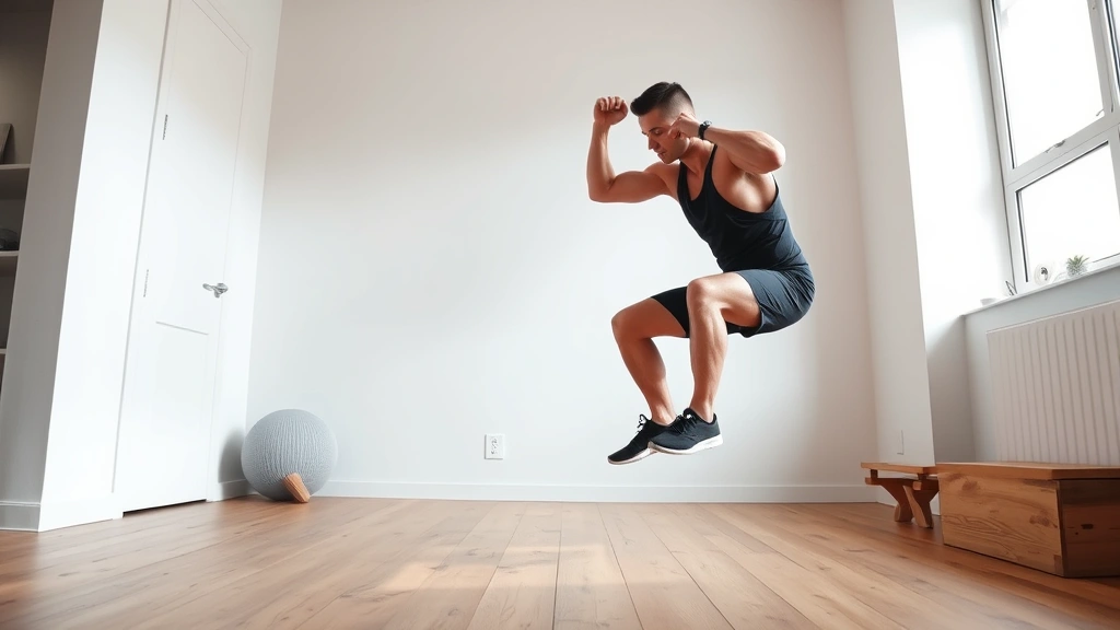 Fit male athlete executing explosive jump squat exercise on wooden floor in minimalist home workout area, mid-motion, dynamic energy, professional photography quality
