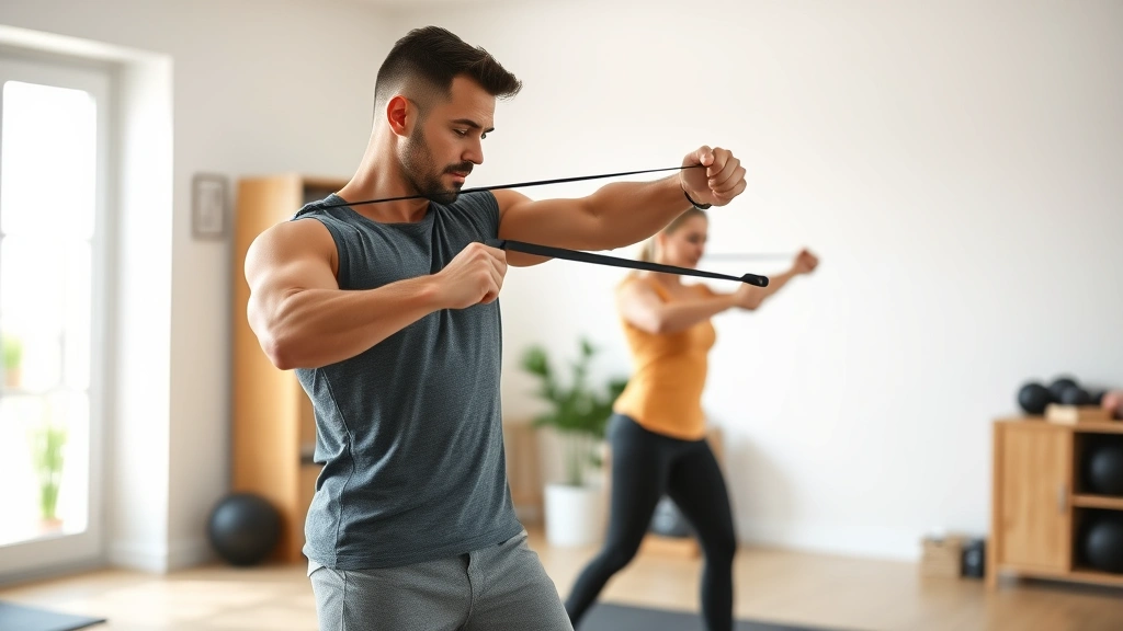 Strong individual performing resistance band pull-apart exercise in functional home fitness space, controlled movement, engaged muscles, clean bright background without clutter