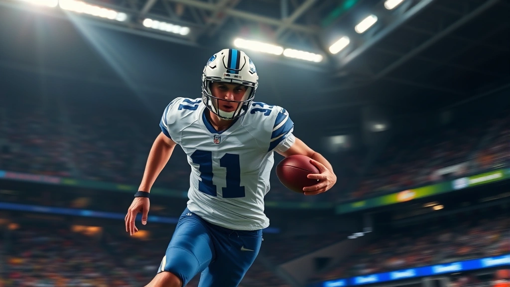 Professional football player in action, dynamic motion blur, stadium lighting, intense athletic performance, showcasing skill and competitive spirit
