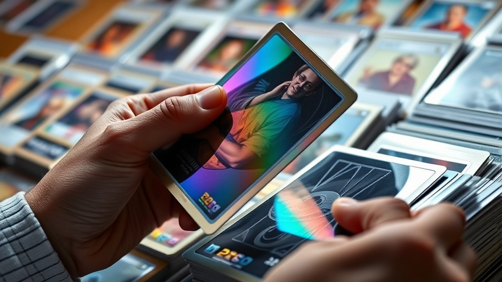 Collector's hands carefully examining trading cards under soft lighting, detailed close-up of chrome refractor pattern creating rainbow effects, organized collection display