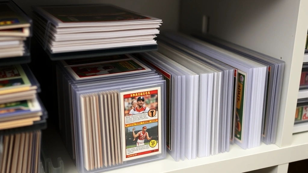 Organized trading card storage setup with archival sleeves, top loaders, and protective binders, climate-controlled storage environment, premium card preservation