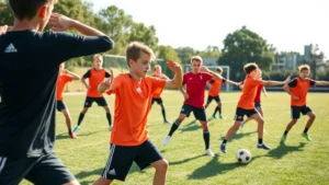 Young teenage football players performing dynamic warm-up exercises on grass field, stretching and activation drills, focused concentration, outdoor training environment, bright daylight
