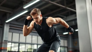 Athletic male football player performing explosive box jump in modern gym, concentrated expression, wearing black training gear, bright fluorescent lighting