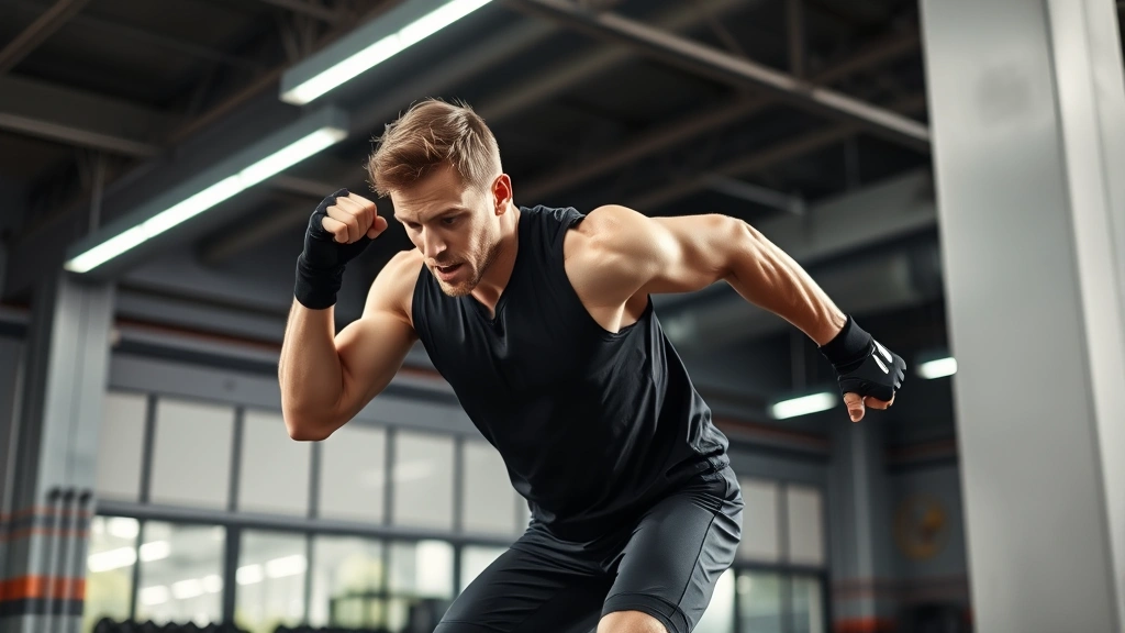 Athletic male football player performing explosive box jump in modern gym, concentrated expression, wearing black training gear, bright fluorescent lighting