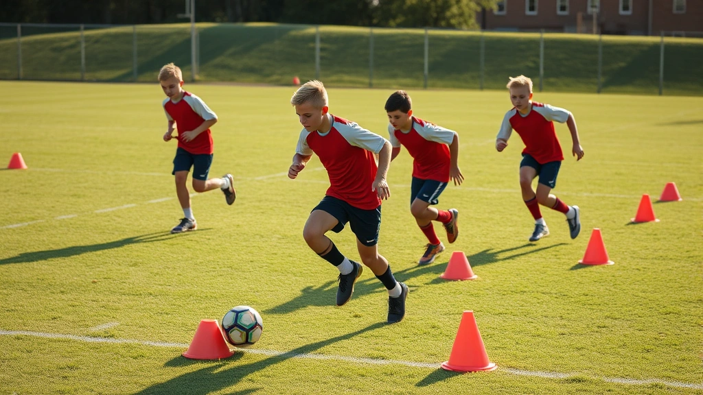 Young football athletes executing agility drill through cones on grass field, dynamic lateral movement, morning sunlight, focused intensity