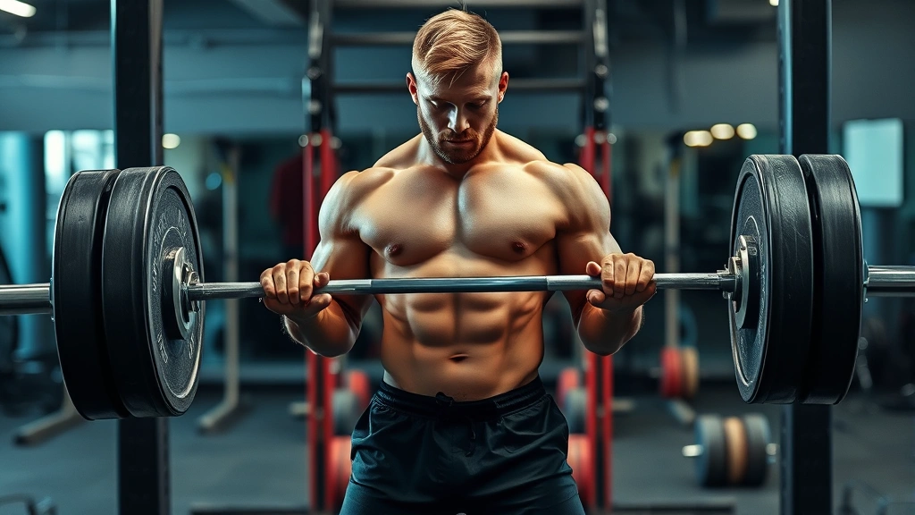 Muscular football player performing heavy barbell deadlift with perfect form, intense concentration, gym setting with black weights and metal platform