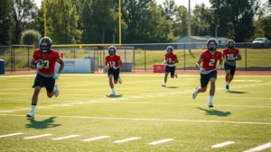 Young athletes performing route-running drills on football field, receivers sprinting vertical routes with precision footwork, morning sunlight, competitive intensity