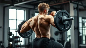 Athletic high school football player performing explosive barbell back squat in modern gym with proper form, intense concentration, sweat visible, professional lighting