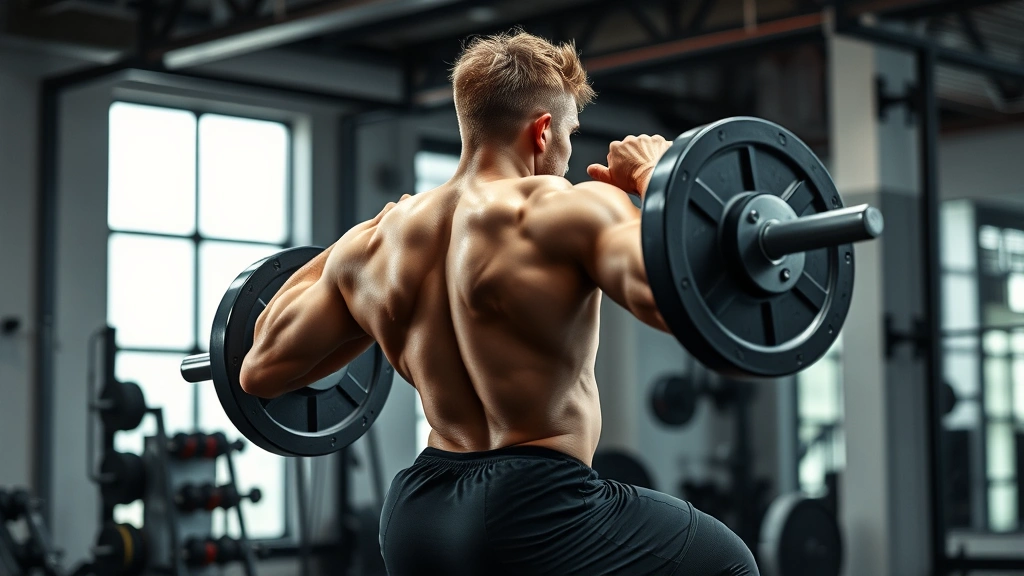 Athletic high school football player performing explosive barbell back squat in modern gym with proper form, intense concentration, sweat visible, professional lighting