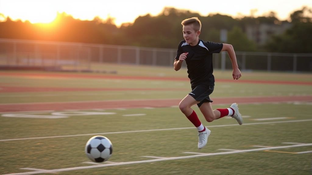 Young football athlete sprinting at maximum velocity on outdoor field during sunset, explosive running form with high knees, powerful ground contact, athletic intensity