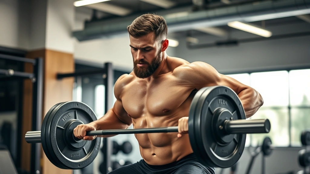 Athletic football player performing explosive power clean exercise with barbell in modern gym, intense concentration, proper form demonstration, professional lighting highlighting muscle engagement