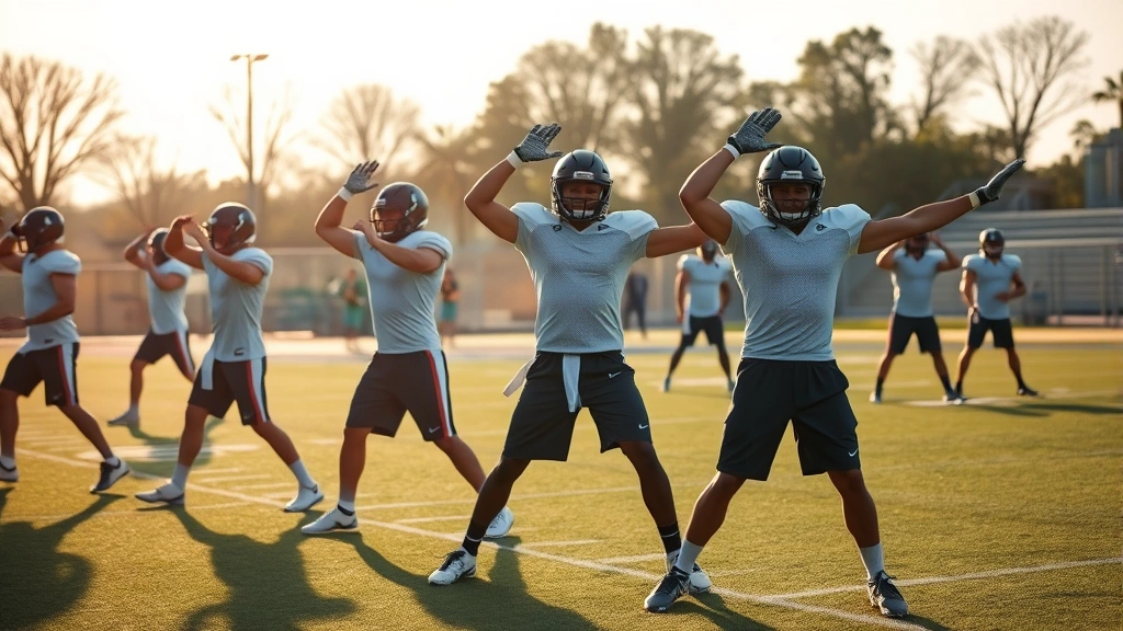 Team of college football players performing dynamic warm-up stretches on practice field before training session, morning sunlight, professional conditioning, focused preparation