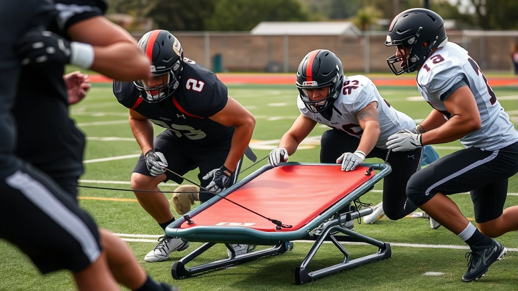 Football athletes executing high-intensity sled push drill on outdoor field, determination and effort visible, explosive movement, athletic conditioning demonstration