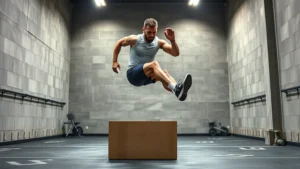 Athletic male football player performing explosive box jump in modern gym with concrete walls and professional lighting, showing powerful leg drive and full body extension