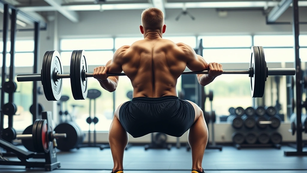 Muscular athlete executing heavy barbell back squat with perfect form in strength training facility, showcasing lower body power and core stability during compound lift