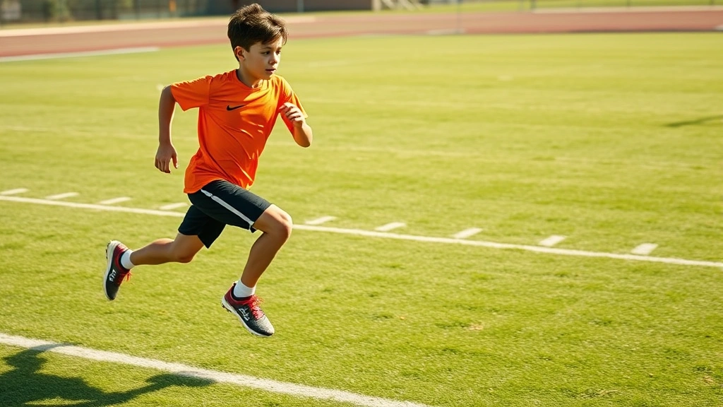 Young football player sprinting with maximum intensity on grass field during conditioning drill, demonstrating explosive acceleration and athletic movement quality in natural daylight