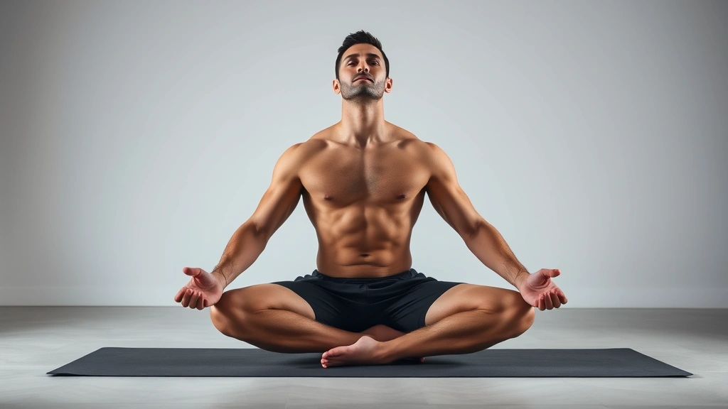 Male athlete in child's pose on premium yoga mat, studio lighting, relaxed posture, shoulders dropped, demonstrating recovery technique, peaceful expression