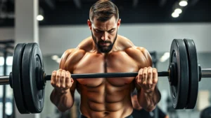 Athletic male powerlifter performing deadlift with intense focus, muscular physique, barbell loaded with weights, gym setting with blurred background, sweat visible, powerful stance demonstrating strength and effort