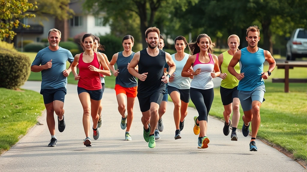 Group of diverse runners jogging together on suburban path, community fitness, varied body types, motivational energy, outdoor running environment, natural daylight