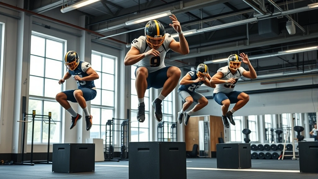 College football players performing explosive box jump plyometrics in modern weight room, multiple athletes mid-jump with intense focus, professional athletic facility background