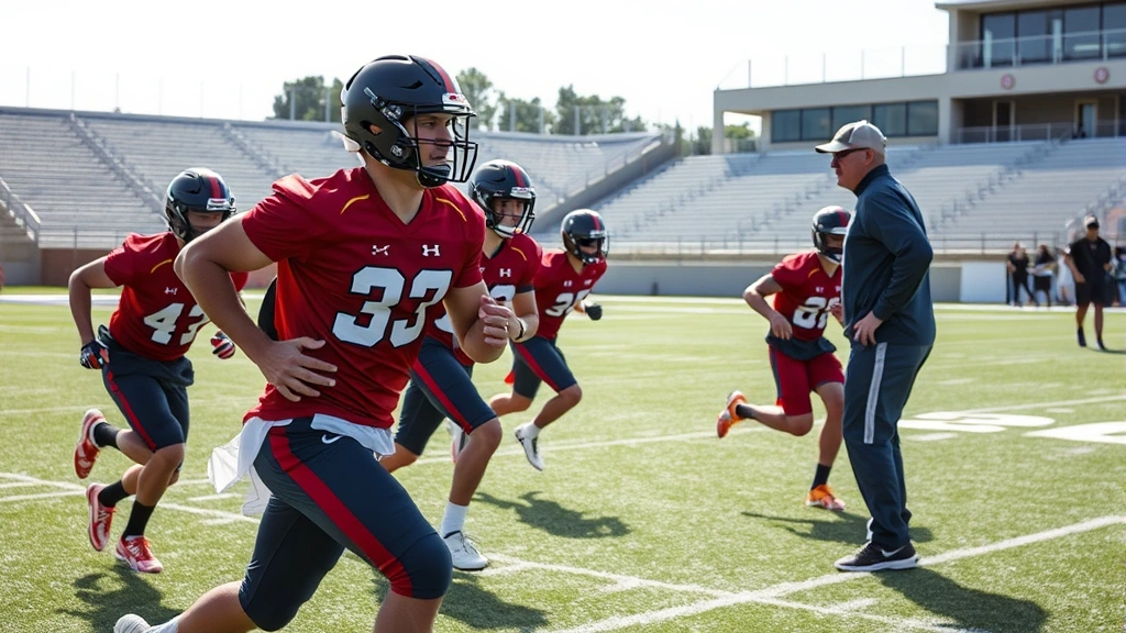 Football team conducting high-intensity conditioning drill on field, athletes sprinting with maximum effort, coach observing, outdoor stadium setting with natural lighting